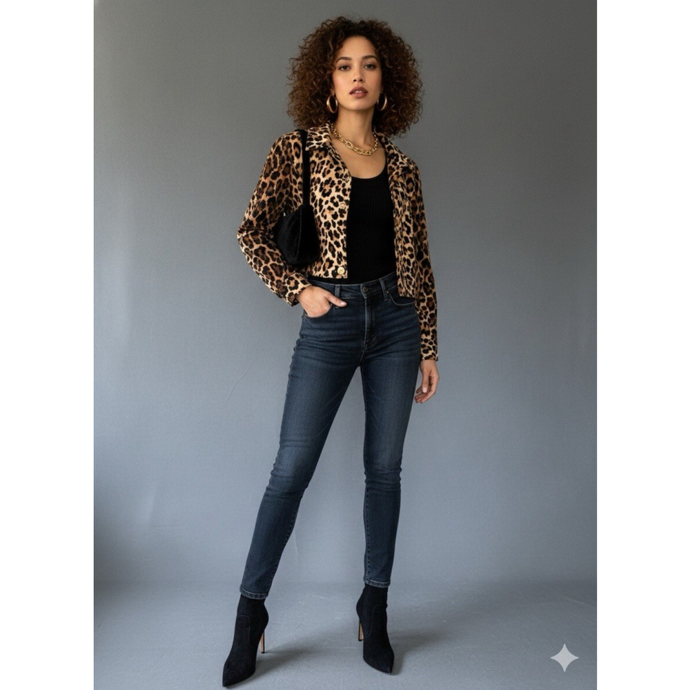 CACHE France Rare Vintage Leopard Print Crop Jacket Size 38 Gold Sun Buttons